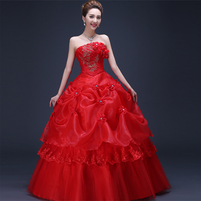 

Real Photo vestido de noiva de 2017 New Koreal Style Flowers Strapless Pink Red Princess bridal Wedding Dress Lace Up Ball Gown