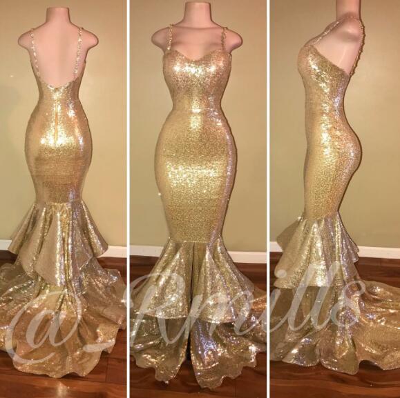 

Sexy Gold Mermaid Prom Dresses Sequins Spaghetti Straps Backless Floor Length Formal Evening Party Gowns Custom Made Cheap Dress For Women, Same as picture