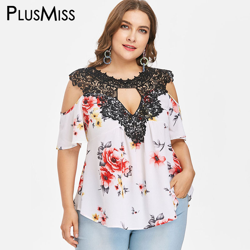 

PlusMiss Plus Size 5XL XXXXL XXXL Floral Flower Print Loose Chiffon Blouse Lace Crochet Boho Cold Shoulder Tops Women Big Size, Black