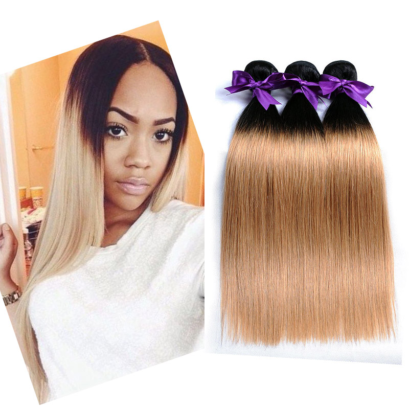 

Brazilian Virgin Straight Hair Ombre Blonde Bundles Brazilian Peruvian Malaysian Ombre 1B/27 Honey Blonde Human Hair Weave 3 Bundles, Ombre color 1b/27