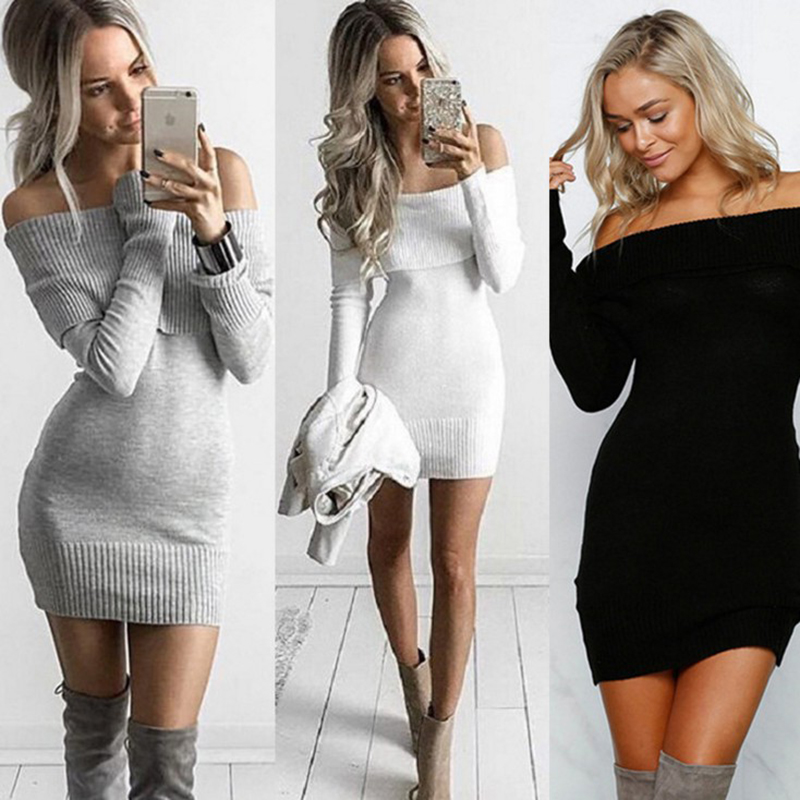 Automne Sexy Pull Off Robe Femmes Long Long Pull Ladies Slim Fit pull en tricot long hiver Femme