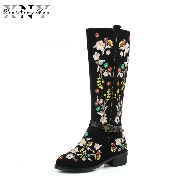 

XiuNingYan Women's Boots Autumn Winter 2018 Knee-High Boots Cow Suede Fashion Embroidery Special Chinese Style Plush Size 34-46, Black no plush