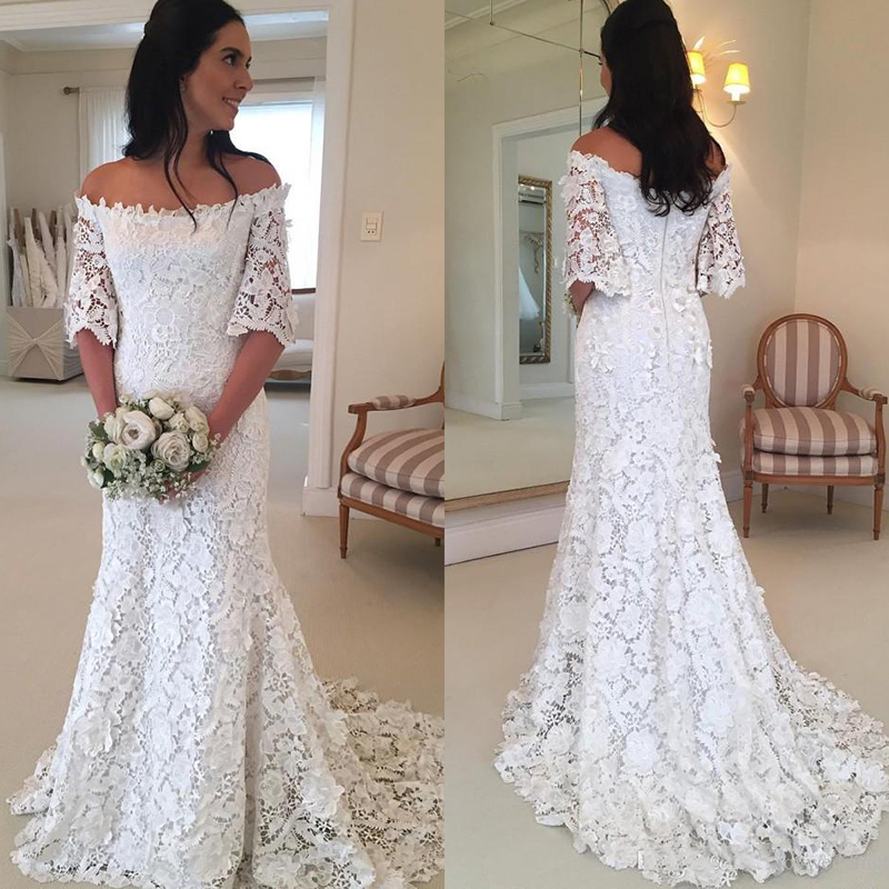 

Vintage Bohemian A Line Beach Wedding Dresses Off The Shoulder Full Lace Half Sleeves Country Style Bridal Wedding Gowns Plus Size, White