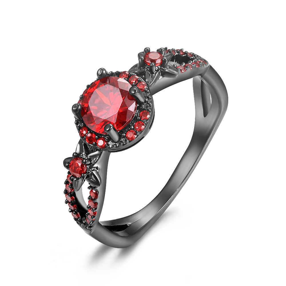 

New Ring Size 6/7/8/9/10 Red Ruby Garnet Round Cut Cubic Zirconia Black Gold Plated Wome's Engagement Gift
