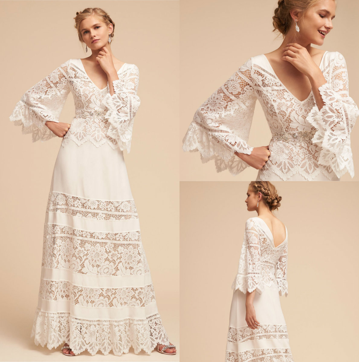 

Plus Size BHLDN Wedding Dresses Lace Bell Sleeve Country V Neck Bohemian Wedding Dress Full Length Chiffon Beach Bridal Gown, White