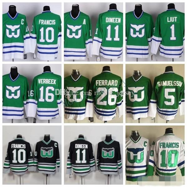 

Hartford Whalers Jersey Men 1 Mike Liut 10 Ron Francis 11 Kevin Dineen 16 Patrick Verbeek Ice Hockey Jerseys Vintage Green White, As pic