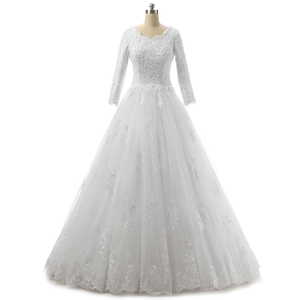 

Bateau Neck Lace Tulle Wedding Dress With 3/4 Sleeves 2018 Appliques Wedding Gowns Lace Up, Gold