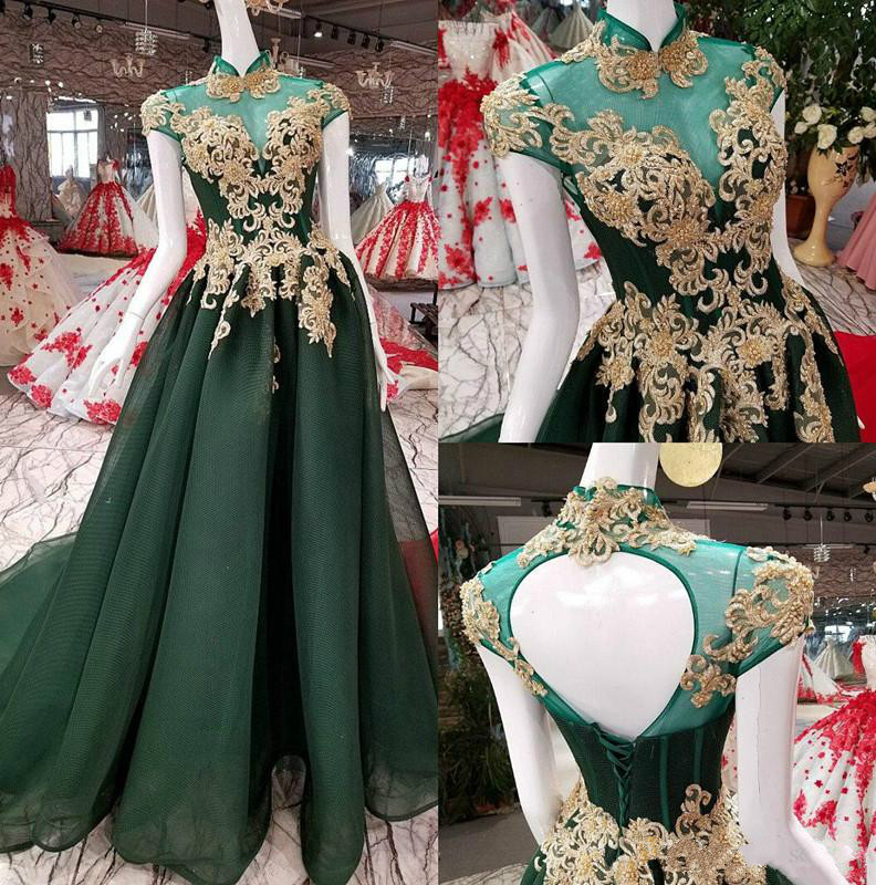 

2018 Sexy High Neck Gold Appliques Evening Dresses Short Sleeve Hollow Back Prom Party Gowns A Line Formal Gowns, Pink