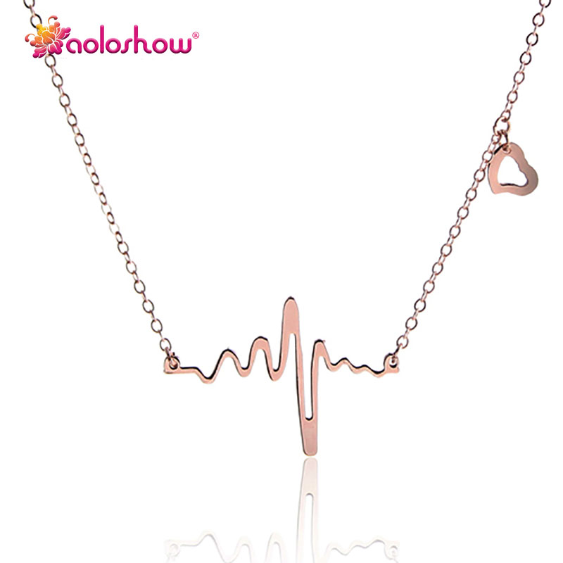 ROSE Gold plated steel Heartbeat EKG Necklace for Women Statement Stainless Steel Pendant ECG Bar Heart Necklace ,Nl-24561-image-233155263