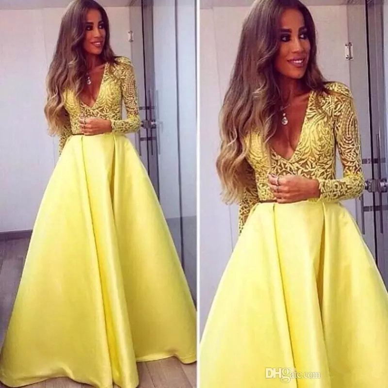 Dubai Abaya Evening Dresses 2019 with Lace Appliques 2019 Yellow Long Sleeves Formal Dress Elegant V Neck Prom Gowns