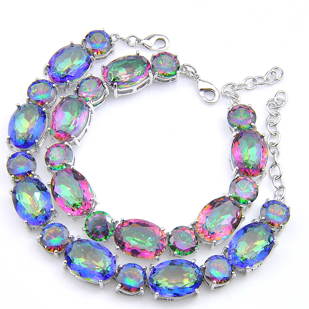 

Luckyshines Wedding Gift Classic Oval Rainbow Natural Mystic Topaz Gemstone 925 Silver Plated Bracelet Bangle Russia Bracelet Jewelry