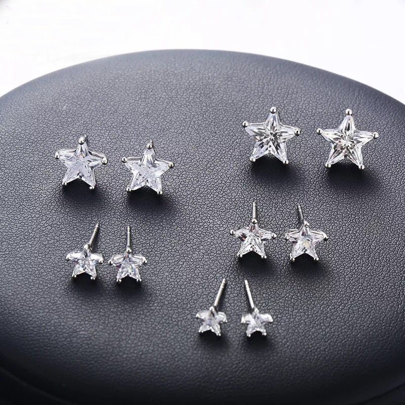 

(452E) Star Stud Earrings for Women Cubic Zircon Classic Style Jewelry White Gold Plated 5mm/6mm/7mm/9mm/10mm