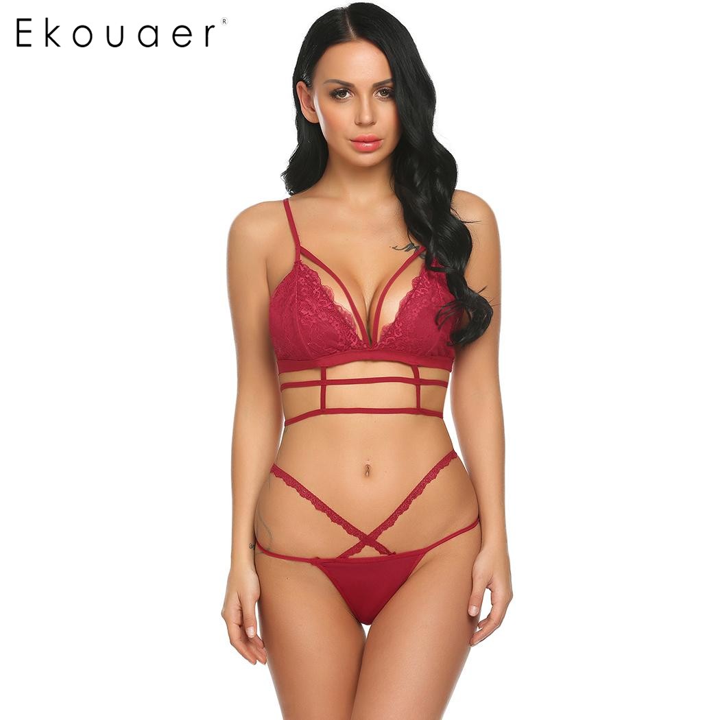 

Ekouaer Push up Lace Bra Brief Sets Adjustable Strap Backless String Women Sexy Lingerie Set Fashion Elastic Bralette Set Female, Red
