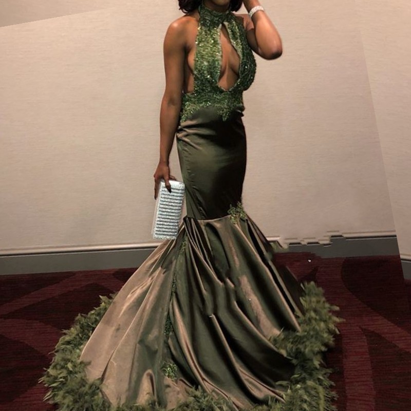 

High Neck Mermaid Prom Dresses With Feather Beads Lace Applique Backless Party Dress Sexy Key-Hole Satin Sweep Train Evening Dresses, Lavender