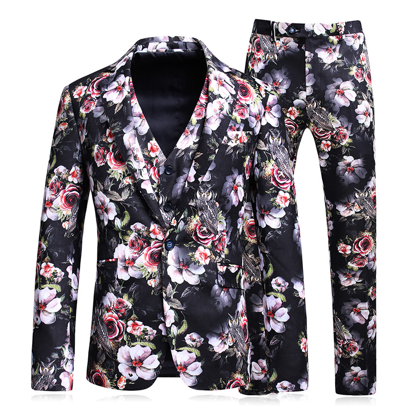 

Men Floral Suits 2017 Latest Coat Pant Vest Design Mens Three Piece Suit Dress Set Slim Fit Print Stage Costume Terno Masculino, As picture