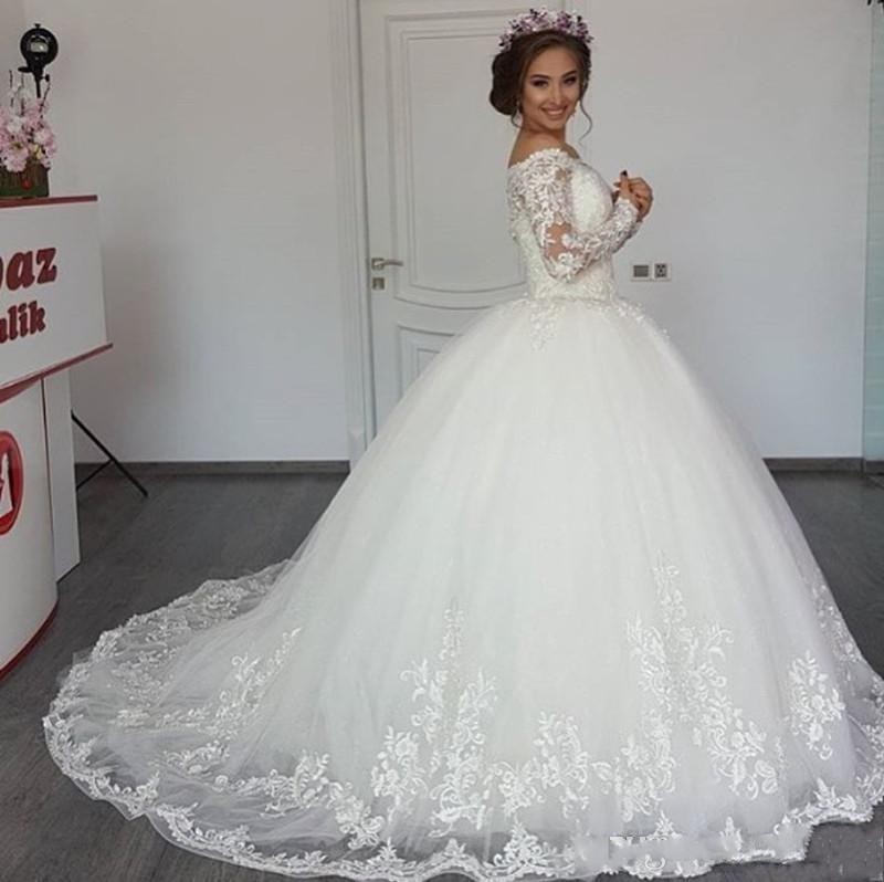 

2018 New Hot Sexy Arabic Long Sleeves A Line Wedding Dresses Illusion Off Shoulder Lace Appliques Plus Size Sweep Train Formal Bridal Gowns, Ivory