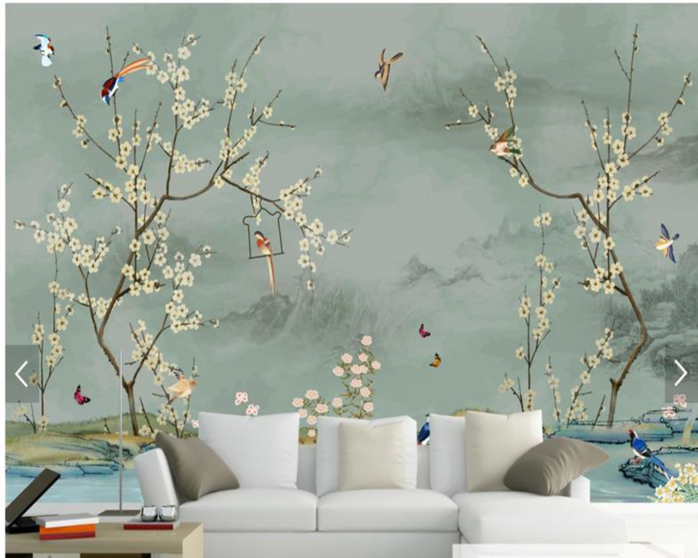 Papier peint d'oiseau personnalisé, croquis dessinés à la main, peintures murales d'oiseaux et de fleurs pour salon, chambre à coucher, arrière-p