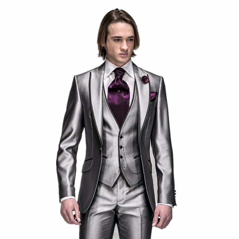 

New Fashion Slim Fit Shiny Silver Grey Groom Tuxedos Groomsmen Excellent Man Wedding Wear Men Party Prom Suit(Jacket+Pants+Tie+Vest) NO;882, Same as image