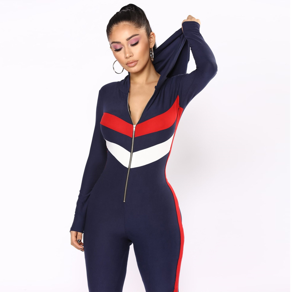 

Contast Color Sexy Skinny Jumpsuit Women Long Sleeve Deep V-Neck Bodycon Romper Retro Front Zipper Hooded Party Catsuit S-XL, Blue
