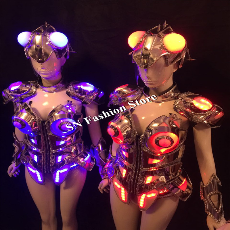 

AS97 Ballroom robot costumes women led light dress with helmet colorful led costumes bar singer stage cosplay wears clothes bra catwalk wear