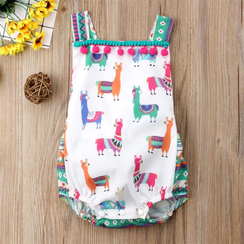 

Lovely Causal Summer Alpaca Print Romper Baby Girls Sleeveless Jumpsuit Toddler O-Neck Tassel with big bow Romper 0-24M, As pic