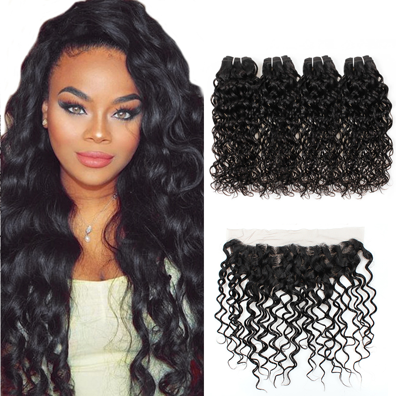 

Ishow 10A Brazilian Water Wave With 13*4 Lace Frontal Peruvian Wet and Wavy 4 Bundles Malaysian Black Color Natural Wave Extensions for Women Girls All Ages 8-28inch, Natural color