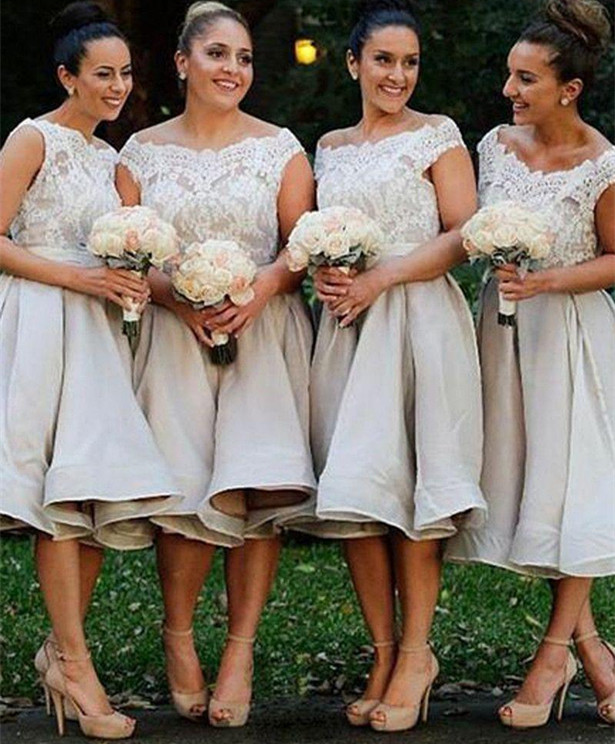 

Knee Length Short Country Bridesmaid Dresses Boat Neck Top Lace A Line Maid Of Honor Wedding Party Prom Gowns Plus Size