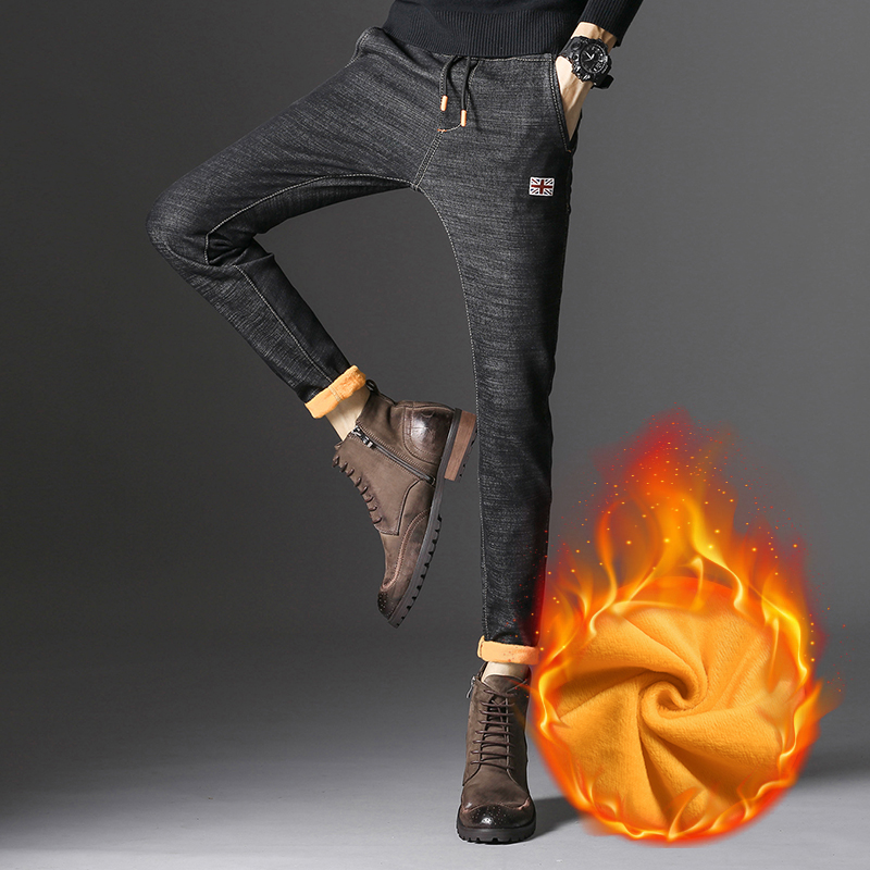 

High Quality Men Skinny Winter Jeans Black Slim Warm Denim Jeans New Fashion Men Elastic Waist Winter Thicker Warm Stretch