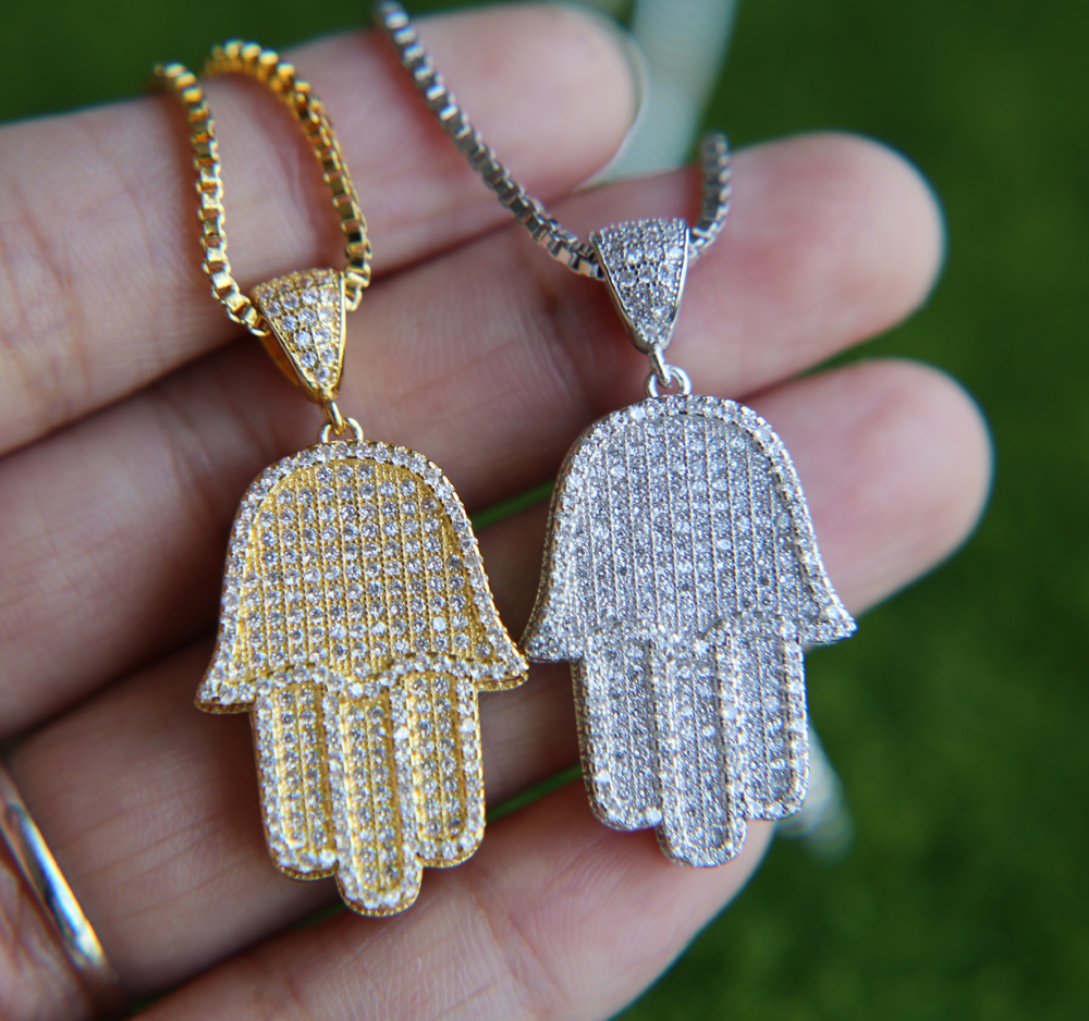 

free chain mens jewelry hip hop bling 38.6mm sized micro pave cubic zirconia hamsa hand icedd out cool mens chain necklace