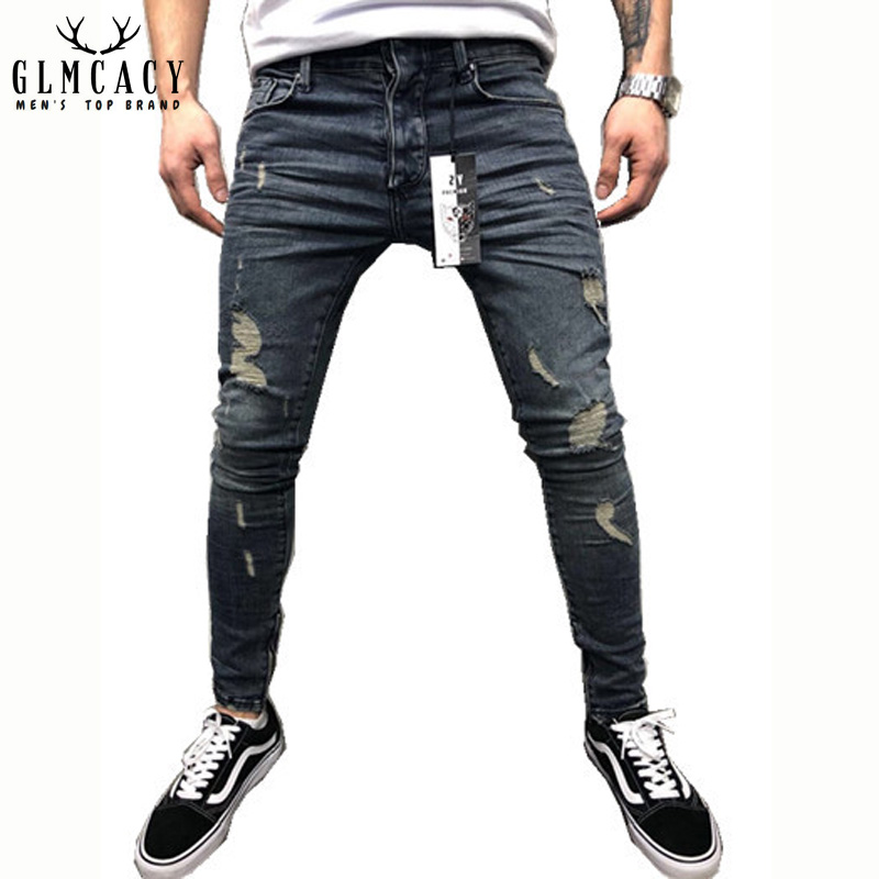 

Mens Side Zipper Punk Biker Jeans Mens Ripped Blue Skinny Slim Denim Jeans Distressed Washed Hip Hop Long Trousers Pants, Black
