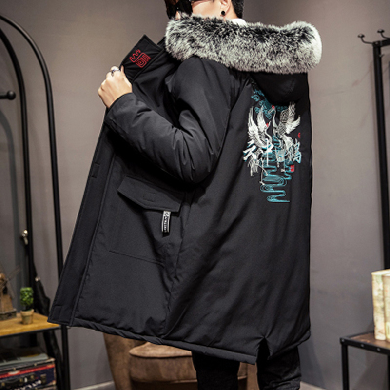 

2018 Winter Jacket Women's Large Size Fur Collar Hooded Cotton Coat Parker Coat Men's Long Slim Jacket Zipper Warm, Black