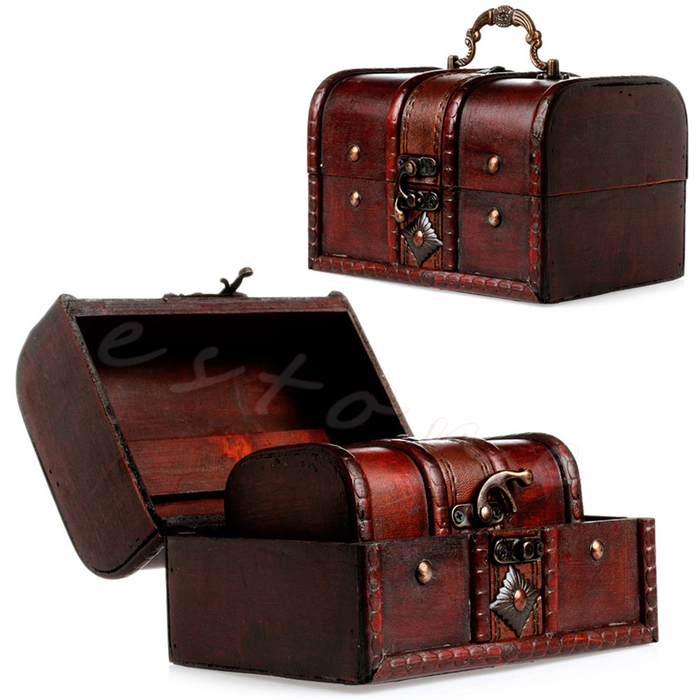 

2Pcs Set Wooden Pirate Jewellery Storage Box Case Holder Vintage Treasure Chest, As pic