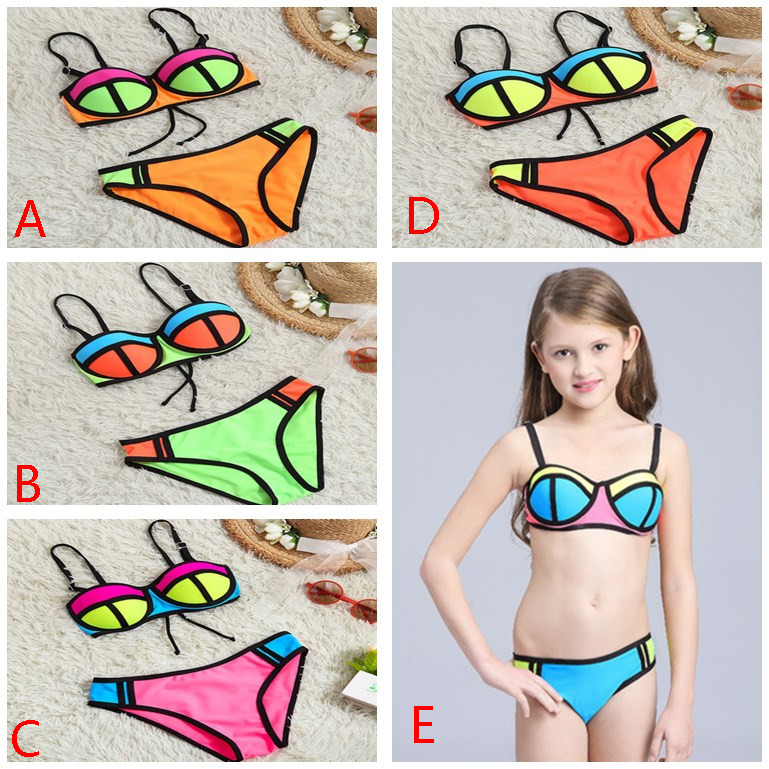 

Baby Girls Two-piece Bikini Swimwear Sexy Children Fashion Swimming Suit Multi Color Bra Trunks Super Nylon Breathable Soft 5 Colors, As photo