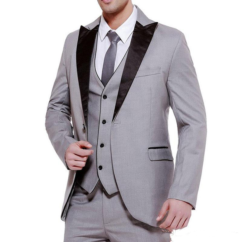 Three Piece Gray Men Wedding Suits Groom Wear 2018 Classic Black Peaked Lapel Wedding Groom Tuxedos Business Party Suit (Jacket+Vest+Pants)