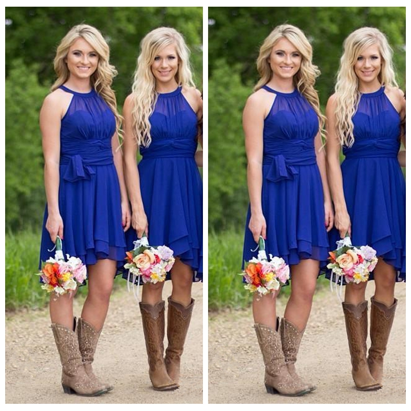 2021 Country Short Bridesmaid Dresses Halter Neck Knee Length Ruffle Chiffon Plus Size Country Vestidos De Party Gowns Custom