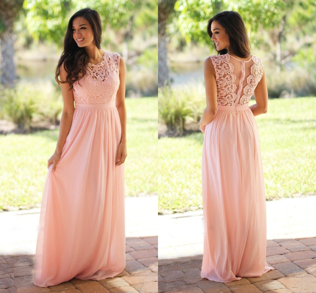 

Bridesmaid Dresses 2018 Country Long For Weddings Jewel Neck A Line Lace Pink Mint Blue Plus Size Wedding Guest Maid of Honor Gowns