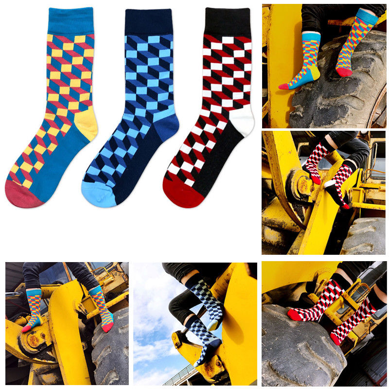 

Hirigin 2017 Fashion Socks Plaid Cotton Compression Socks 3D Printed Mens Funny Colorful Diamond Casual Dress Hot, Blue