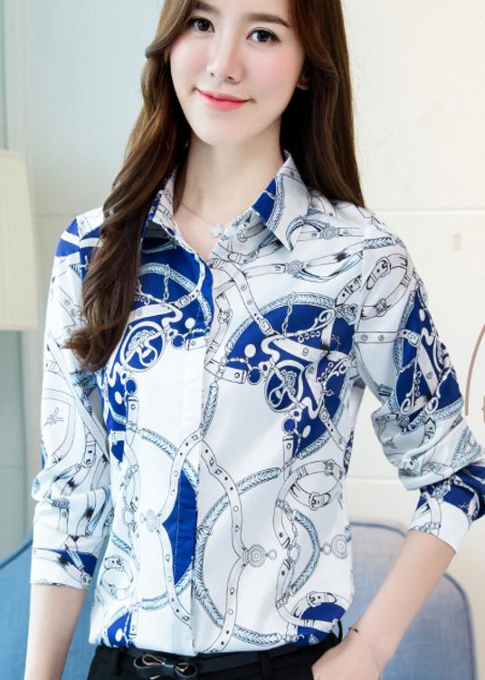 

2018 new style spring slim tax stamp chiffon shirt long sleeved turn-down collar shirt female fashion, Blue