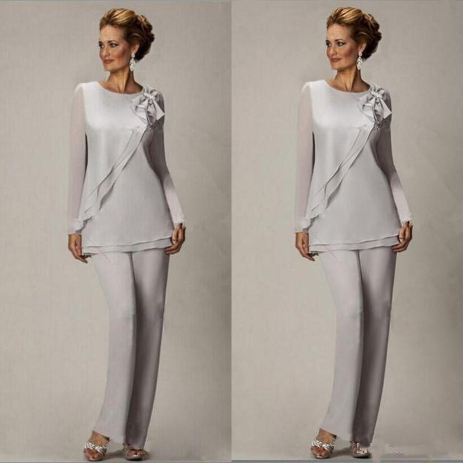 

Elegant 2019 Plus Size Silver Pants Suit For Mother of The Bride Groom Beaded Chiffon Wedding Party Evening Gowns