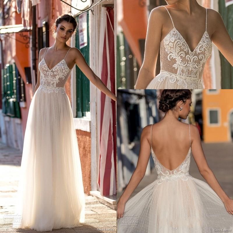 

2020 New Sexy Gali Karten Garden Beach Wedding Dresses Sleeveless Spaghetti Straps Robe De Soiree Backless Long Boho Brdial Gowns, Ivory