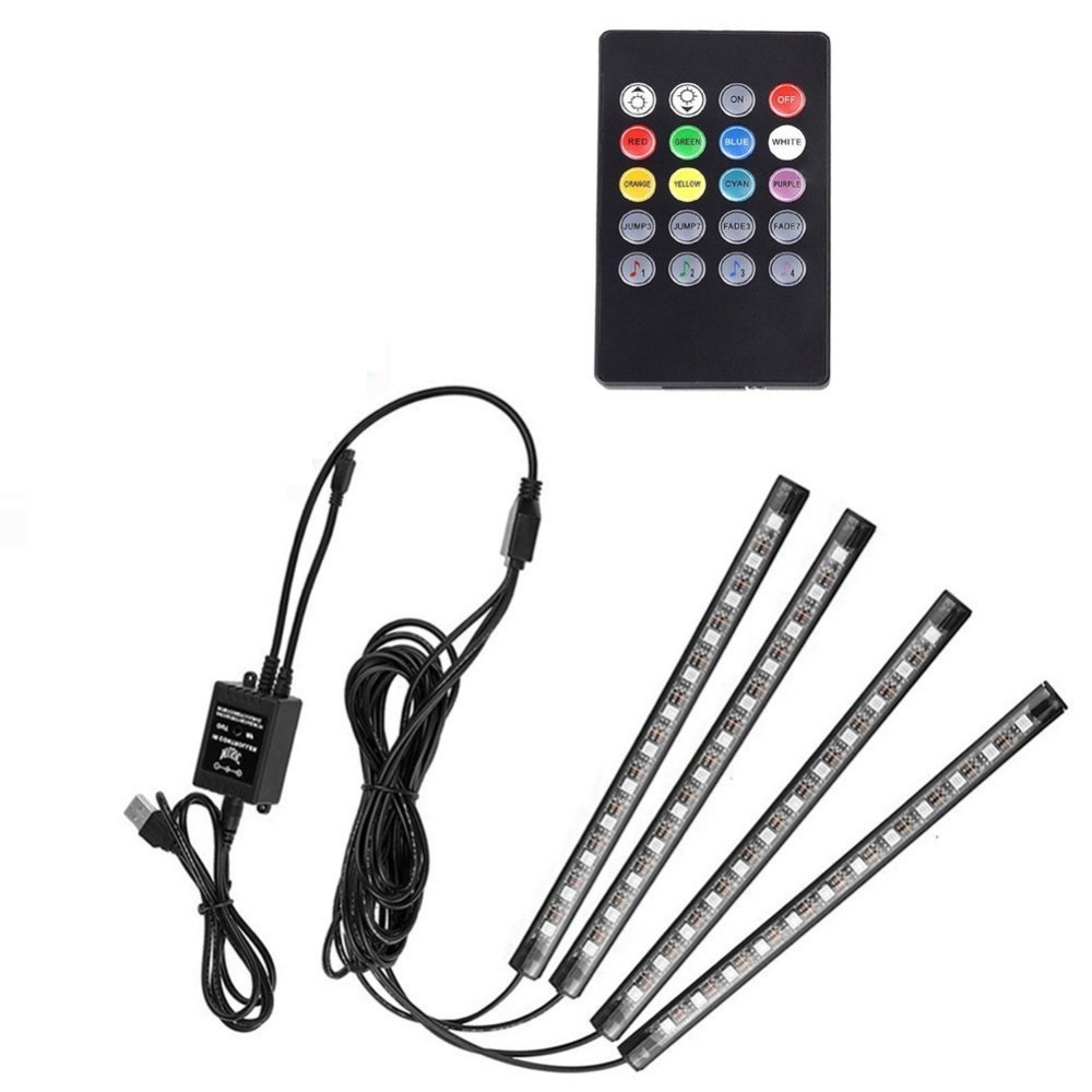 

rgb light 4pcs 48led USB Music Sound Active Car Interior LED Strips Light DC12V Auto Atmosphere Lights Underdash Lighting Strip Kit