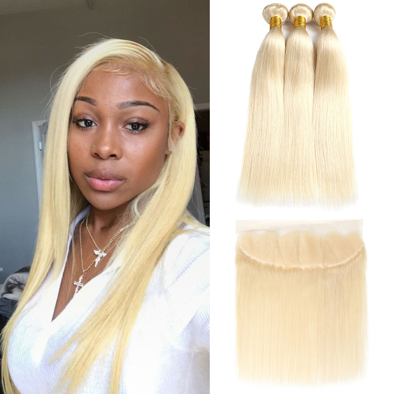 

13*4 Ear To Ear Lace Frontal With Bundles Straight 613# Blonde Pure Color Brazilian Virgin Human Hair Weave Bundles With Frontal Extension, #613 blonde