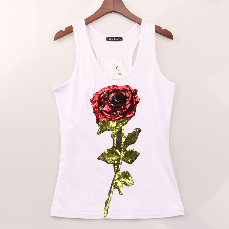 

Woman Tops Summer T Shirts For Women's Sleeveless Sequined Flower Rose T -shirt Female Shirt Lady Harajuku T-shirts, Black