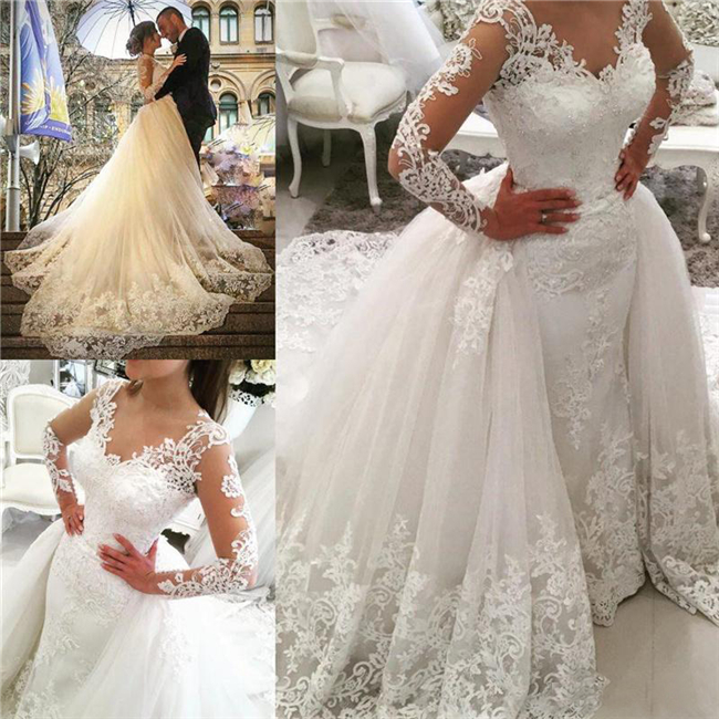 

Delicate Beaded Lace Overskirts Wedding Dresses with Illusion Long Sleeves Detachable Train Ivory Draped Tulle Backless Bridal Gowns, White