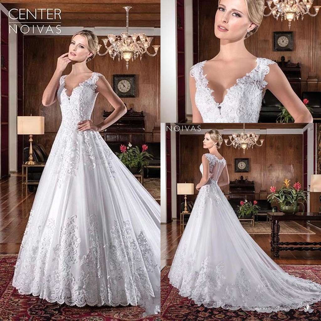 

2019 Designer Custom Made crystal Wedding Dresses V Neck Lace A Line Sweep Train Illusion Back Custom Made Cheap Bridal Dresses BC0263, Same as image