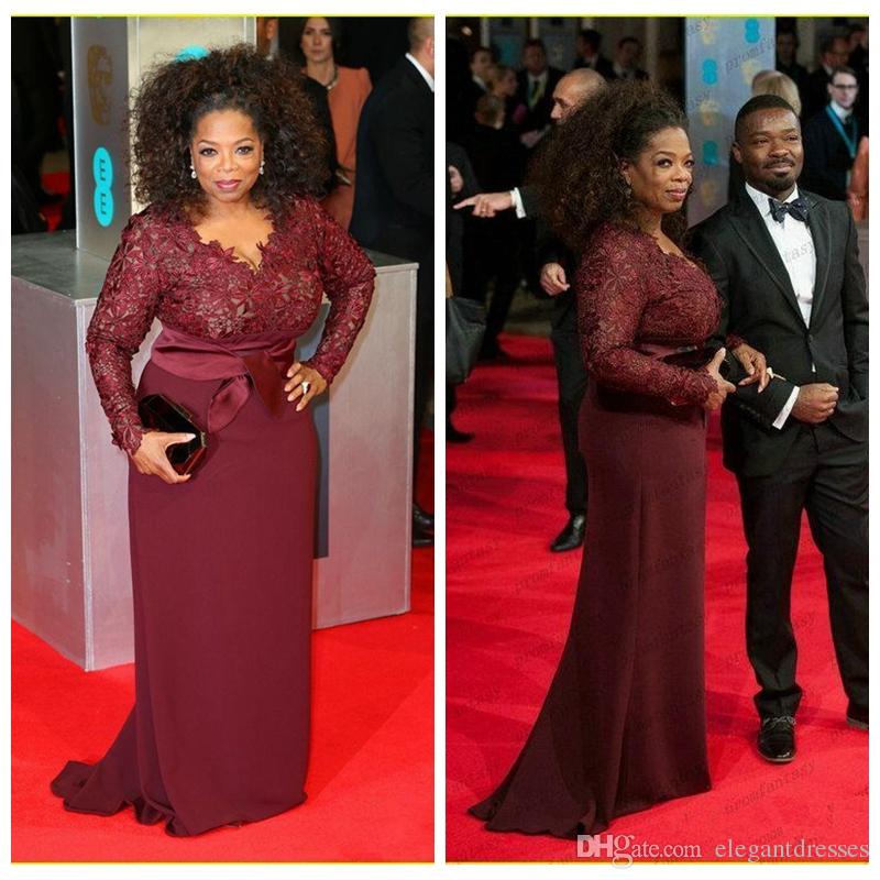 

Oprah Winfrey Burgundy Long Sleeves Lace Top Modest Mother of the Bride Evening Dresses Custom Plus Size Celebrity Red Carpet Gowns, Gold