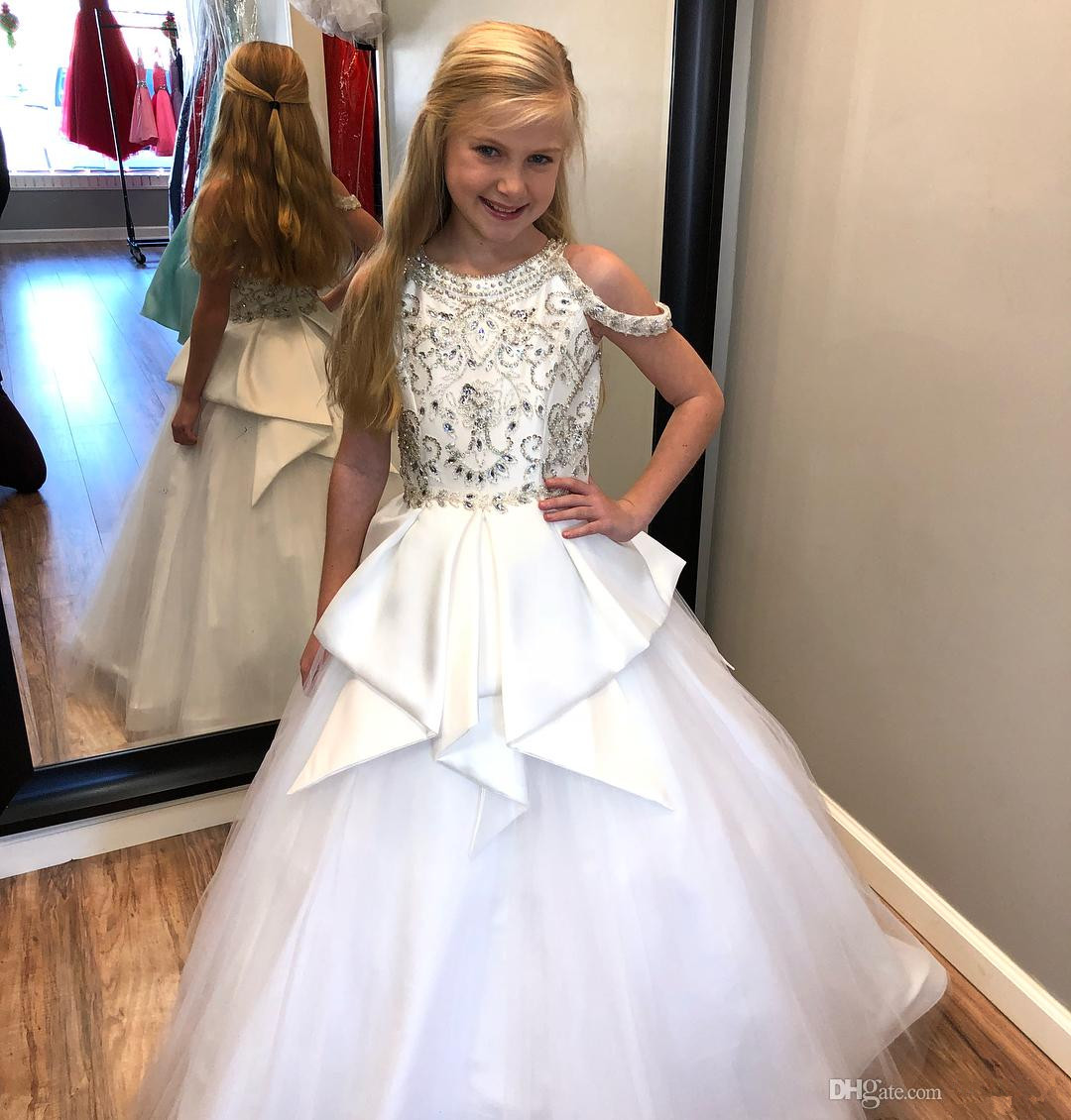 Elégante cristaux de perles blanches de perles de filles de filles robes de pageant 2021 bijoux de cou avec peplum kids robe d'anniversaire de gu