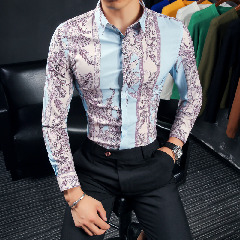 

2017 Women Men Luxury style Baroque Flower Printed Shirt Male Royal Birtish Style Social Slim Fit Club Outfits Tops, Sky blue