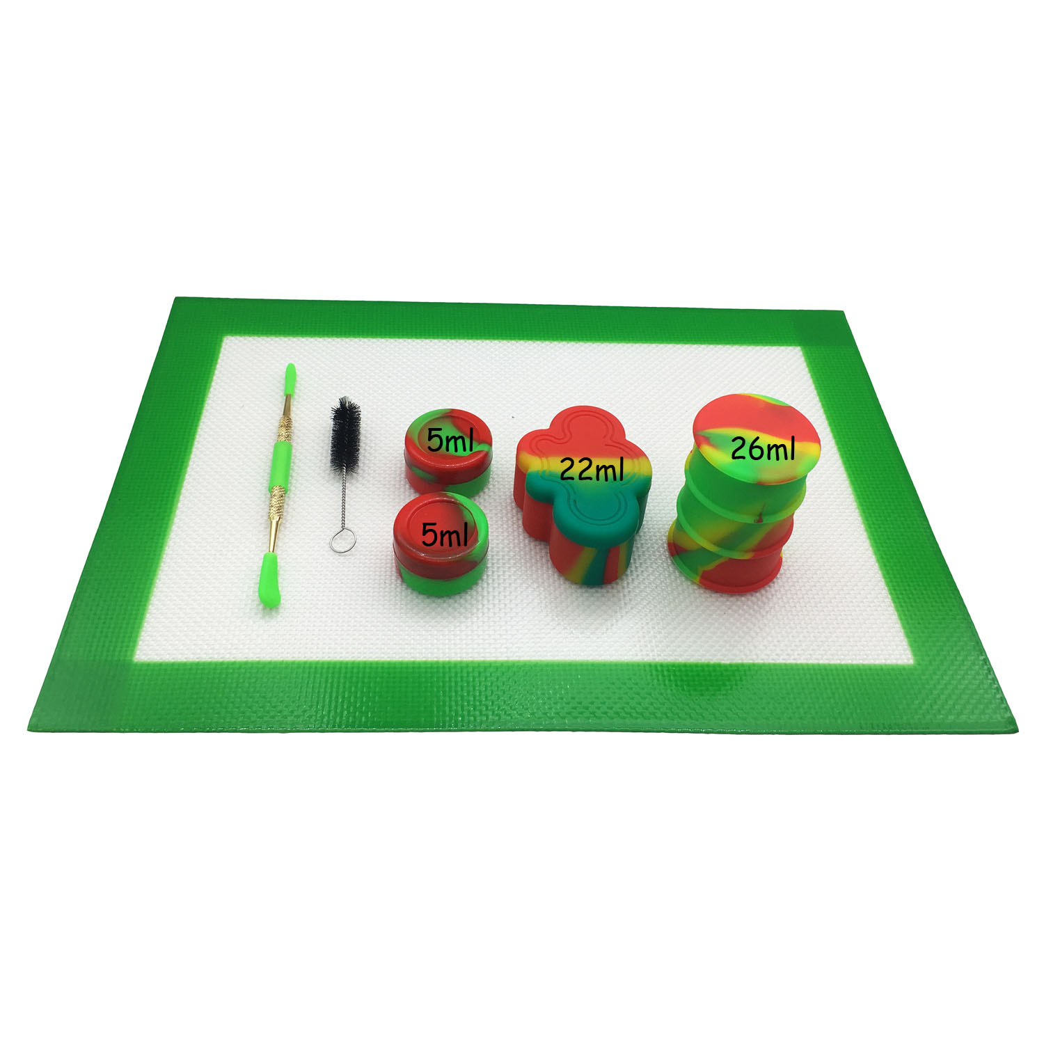 

Silicone Kit With 11.81"*8.26" Rectangle Silicone Dab Mat Pad 5ml 22/25ml Containers 26ml Barrel Stainless Titanium Dabber Tool