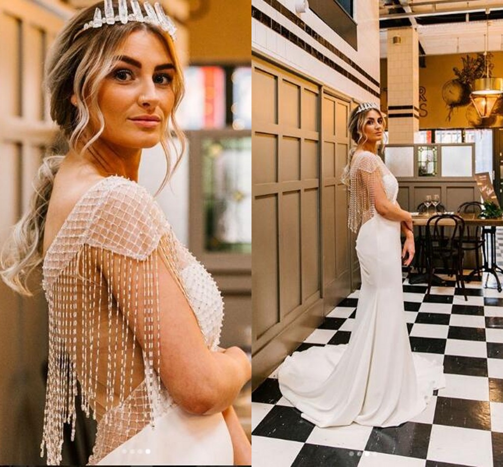 

2019 Gorgeous Crystal Beaded Wedding Dresses Sheath White Jewel Neck See Though Back Zipper Boho Garden Bridal Gown Custom Made